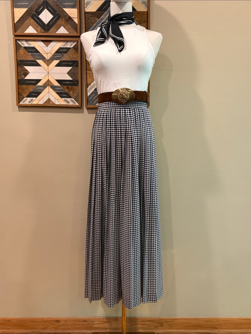 Vintage Ralph Lauren Blue Label 80s Silk Houndstooth Tailored Pleated Skirt EUC